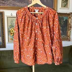 Duluth Trading Co Orange 100% Organic Cotton Patterned Blouse